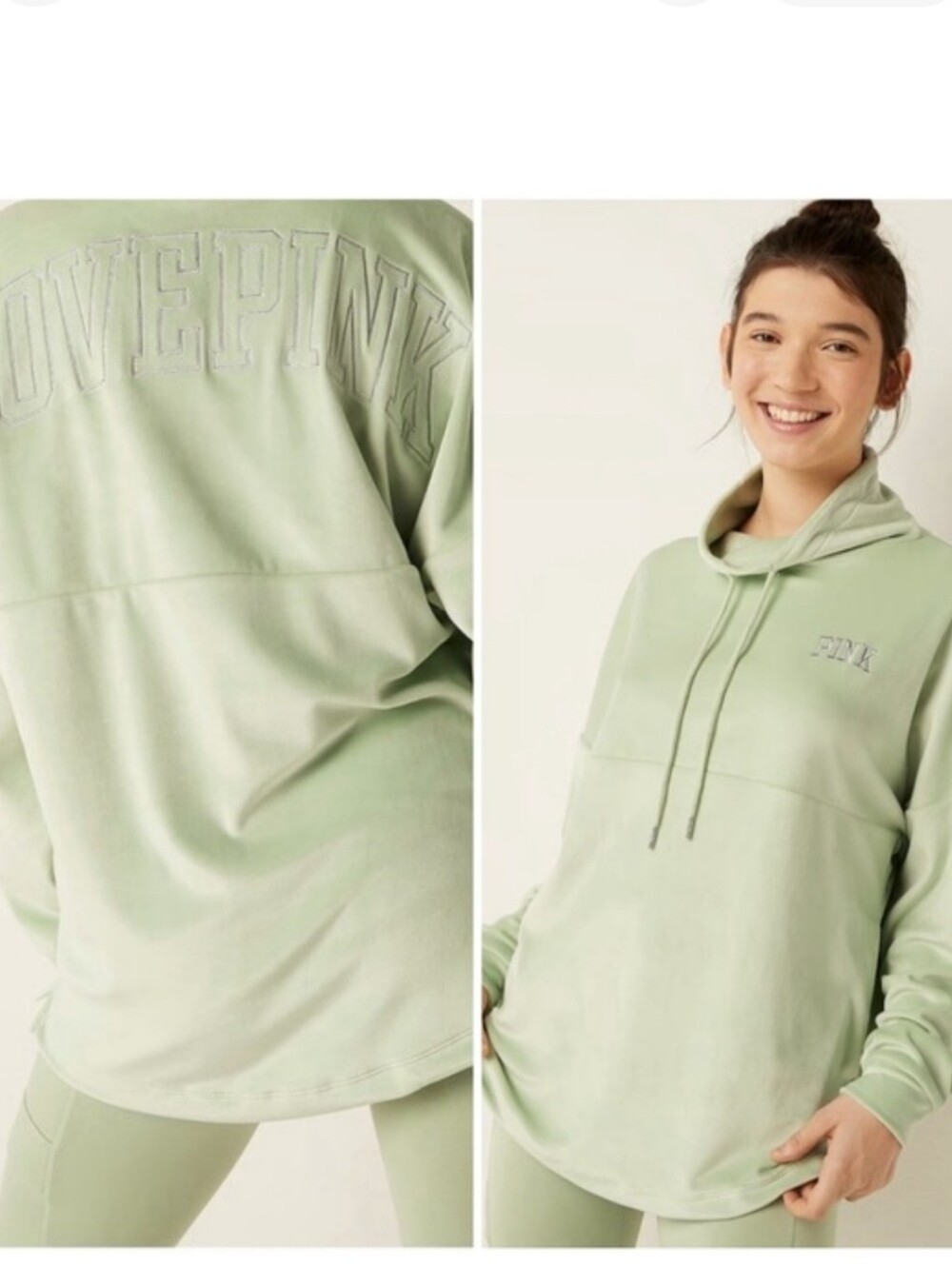 PINK Victoria's Secret Light Sage Green Velour Pullover Hoodie Oversized XS